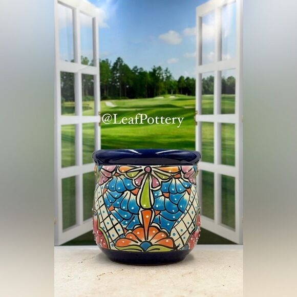 Vibrant Talavera Planter with Drainage Hole | Hand-Painted Mexican Ceramic Pot - Picture 3 of 13